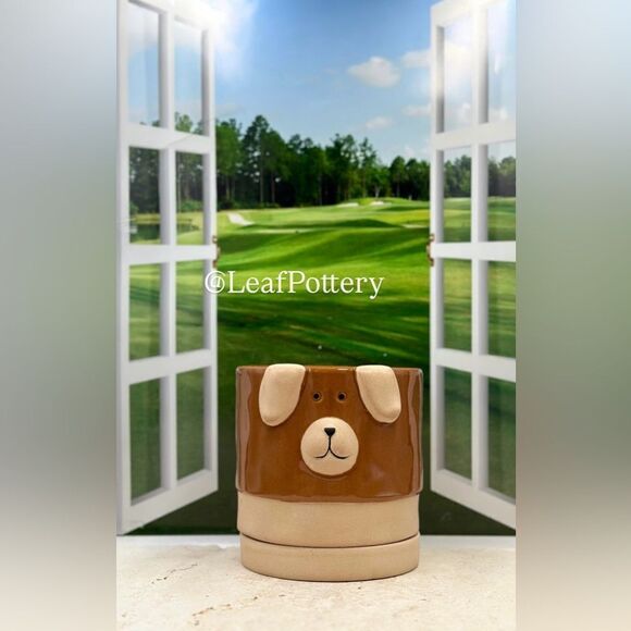Pirulo Dog Brown/ Beige Ceramic Planter Pot with Saucer Attached - Picture 1 of 11
